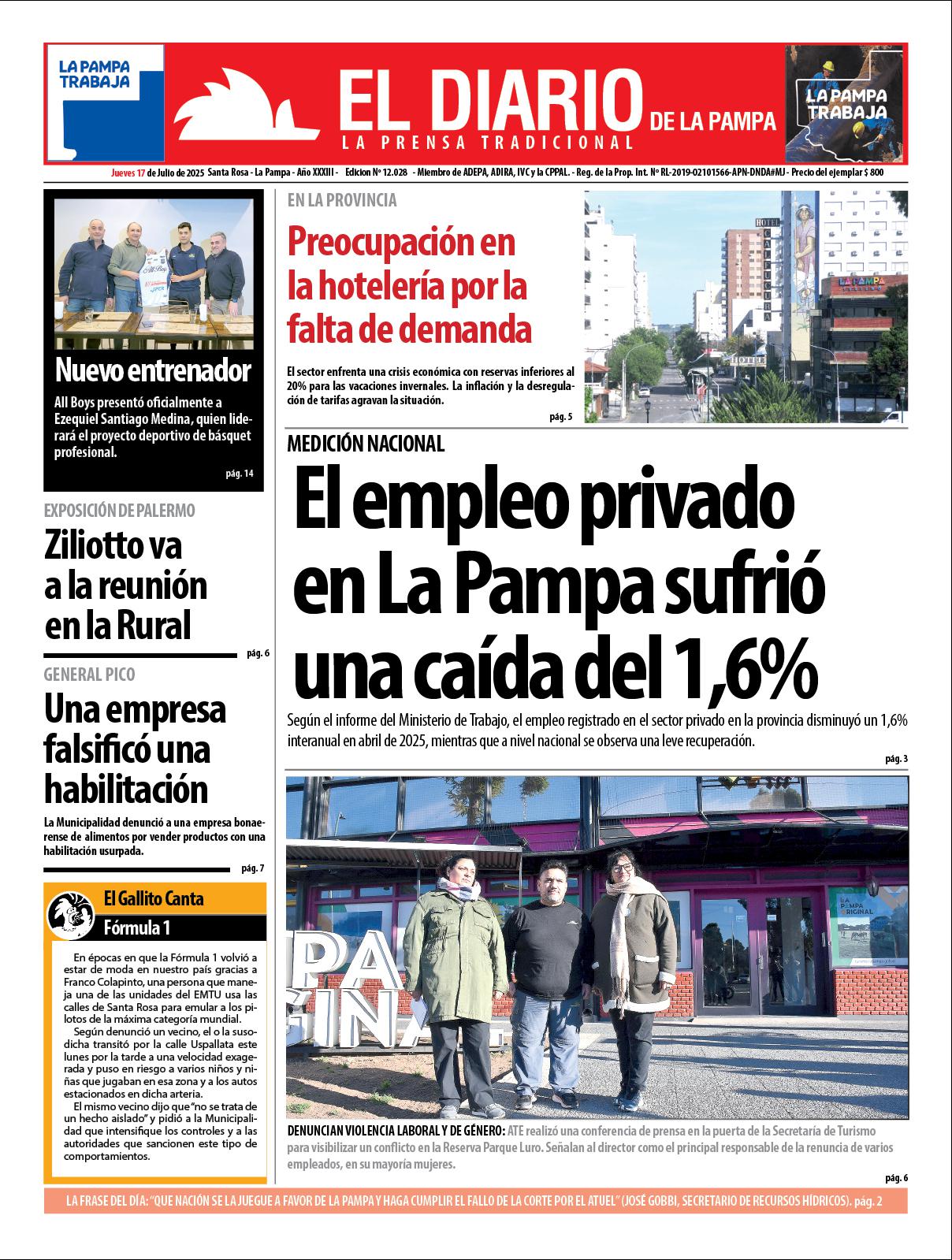 Tapa de El Diario en papel  jueves 17 de julio de 2025